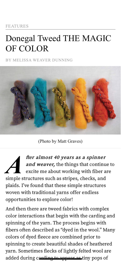 Spin Off Magazine - Donegal Tweed article in Spin Off Magazine showing colorful fiber and yarn samples.