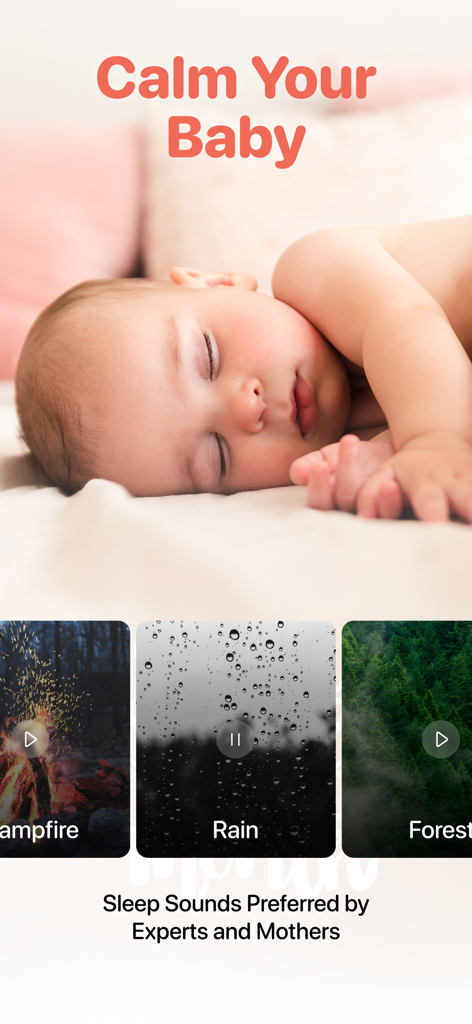 Interface of the BabyLingo app showing a peaceful sleeping baby and a selection of soothing sleep sounds like rain campfire and forest