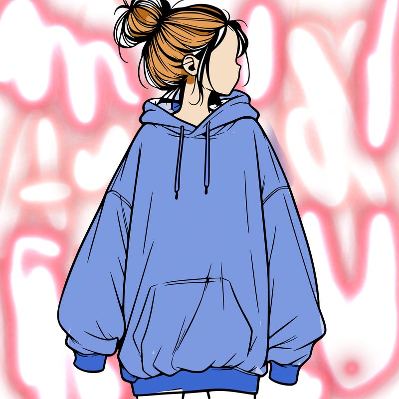 realistic girl with a oversized sweatshirt on and a bun
