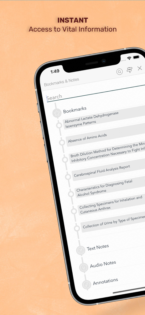 Pantalla de la aplicación que muestra marcadores y notas para pruebas de laboratorio médicas y procedimientos de diagnóstico.
