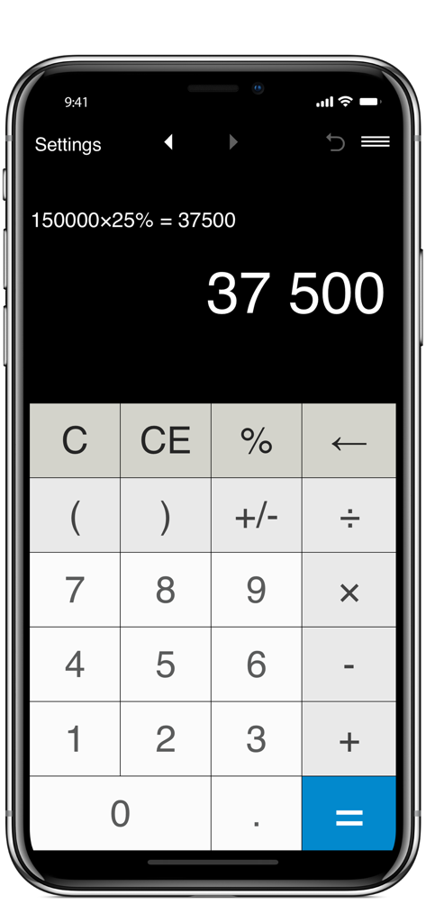 Interfaccia di app calcolatrice mobile che mostra un calcolo di percentuale in modalità scura.