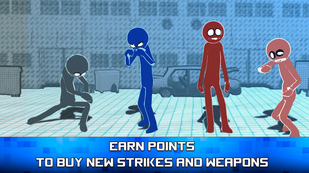 Final Ninja Stickman Fight - Four colorful stickman characters in fighting stances with text explaining how to earn points for new strikes and weapons