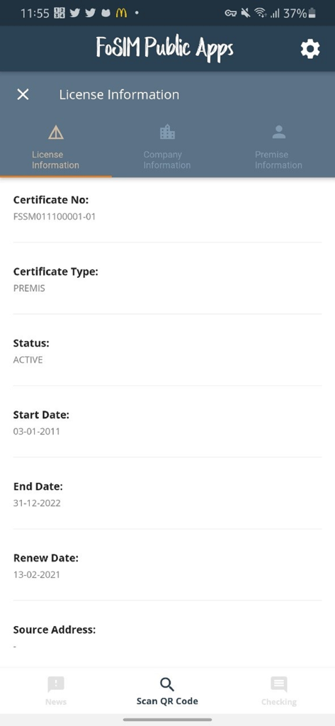 FoSIM Public Apps - FoSIM app screen showing food safety license certificate details and active status