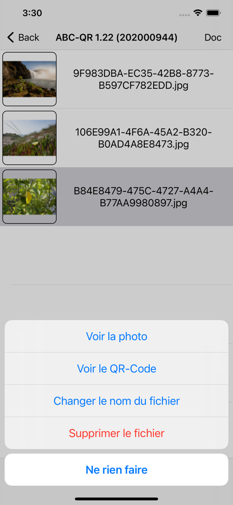 ABC-QR - ABC-QR app interface showing a list of stored images and an action menu to view photos or QR codes.