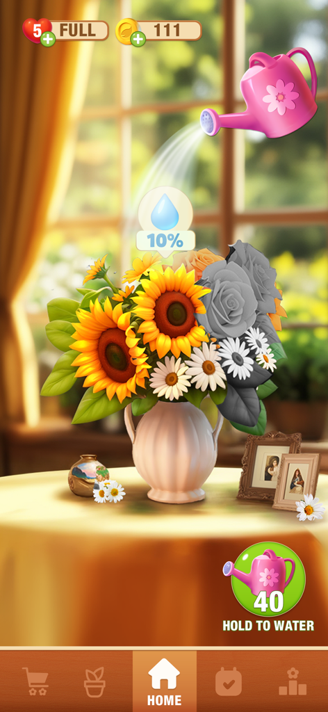Blossom Match: Sorting Games - A pink watering can watering a vase filled with sunflowers and daisies in a cozy room setting