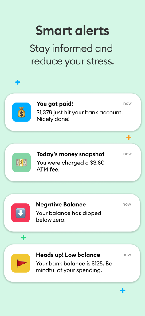 Brigit app smart alerts showing notifications for deposit, ATM fees, and low bank balance.