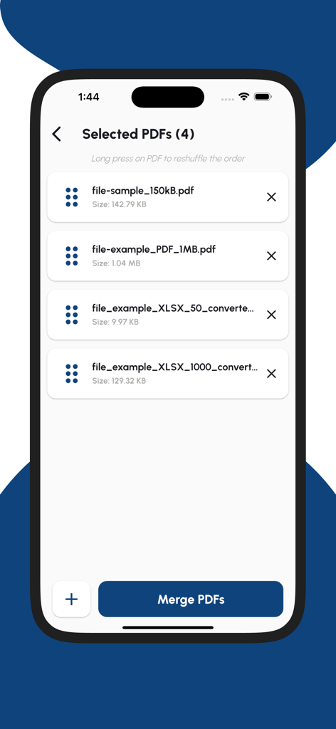 Merge PDF - Combine PDF Files - Interface of the Merge PDF app showing a list of documents selected for merging