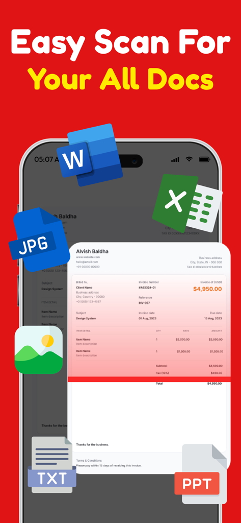 PDF Converter：Scanner & Reader - Interface d'application mobile montrant une facture en cours de numérisation avec des icônes pour les formats de fichiers Word, Excel, JPG et PPT.
