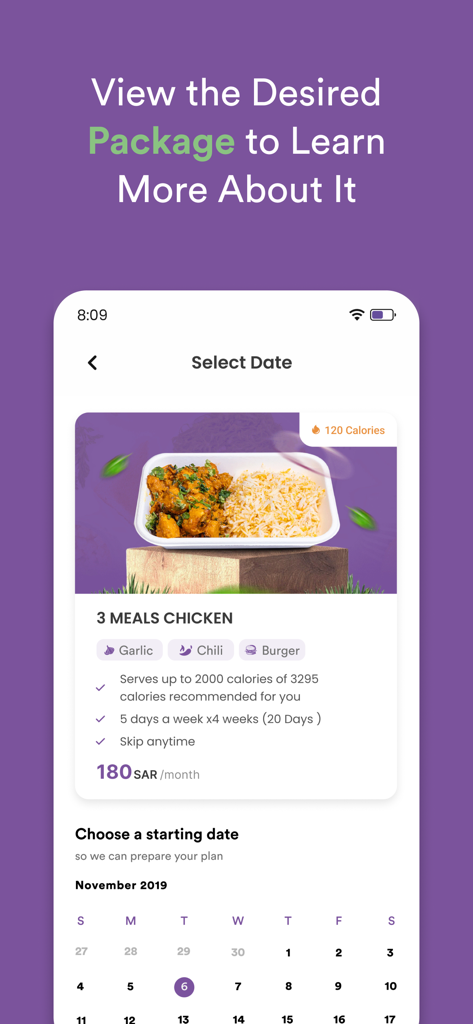 Fit Fuel - فت فيول - Fit Fuel app screen showing details for a three meal chicken plan and a calendar to select a starting date