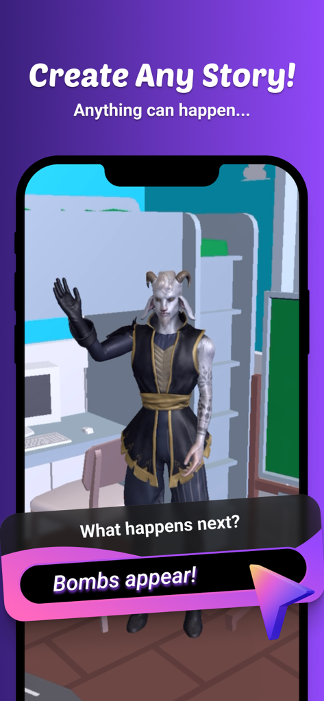 Jars AI - A screenshot of the Jars AI app showing a 3D goat-like character in a virtual room with a text prompt box saying Bombs appear to create a story.