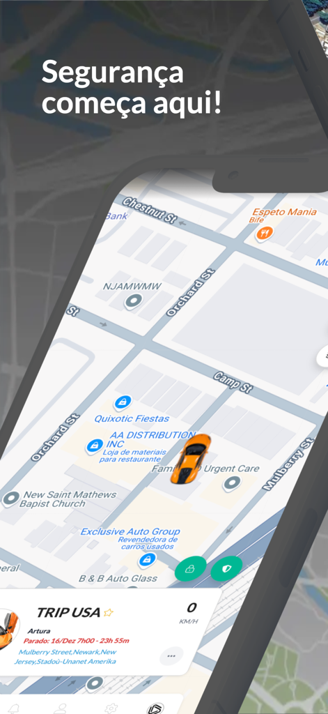 Trackernet - Interface do aplicativo móvel Trackernet exibindo rastreamento GPS de veículos em tempo real em um mapa da cidade