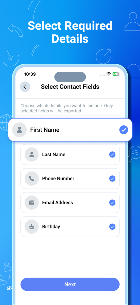 Contact to Excel, Vcf, Pdf - Interface pour sélectionner des champs de contact spécifiques comme le nom, le numéro de téléphone et l'e-mail pour l'exportation Excel