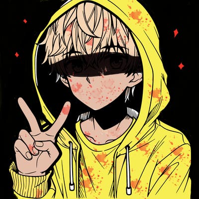 teenage manga boy in a hoodie, doing ✌