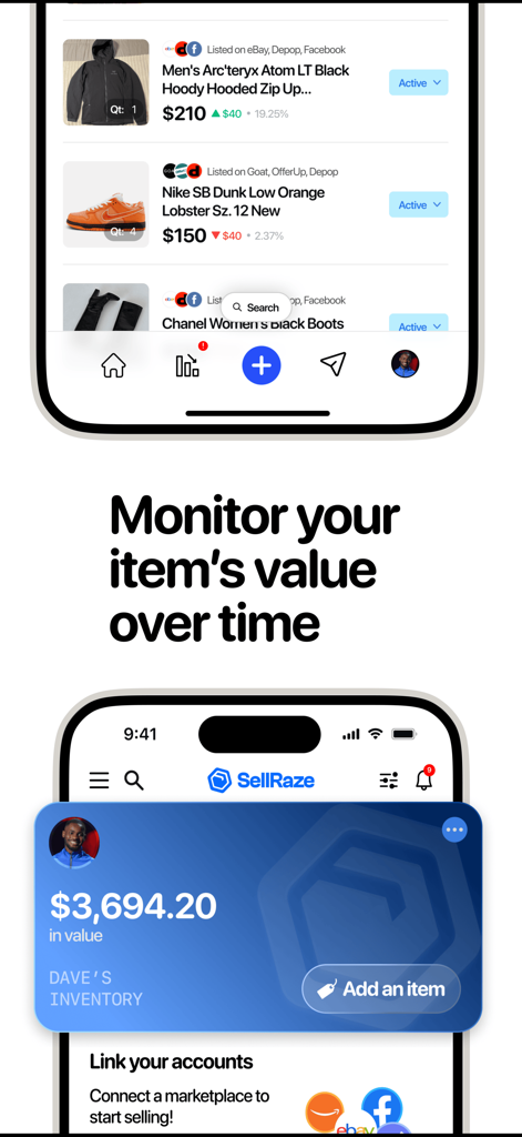 SellRaze app interface showing total inventory value and active listings across multiple marketplaces with price trends