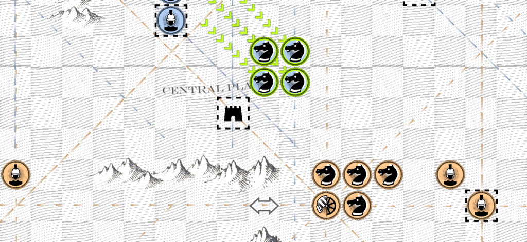 Kriegspiel - Vista de arriba hacia abajo del juego de mesa de estrategia Kriegspiel mostrando unidades militares y líneas tácticas.