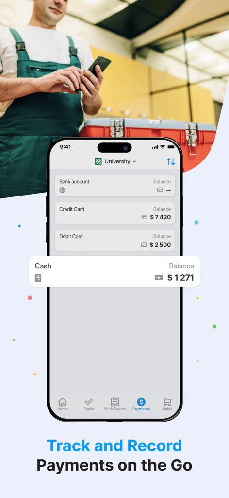 RO.app - Technician using RO app on a smartphone to track and record business payments on the go