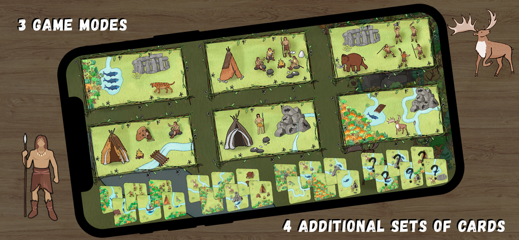 Hunters and gatherers - Captura de pantalla que muestra diferentes modos de juego y conjuntos de cartas en el juego de mesa digital Cazadores y Recolectores.