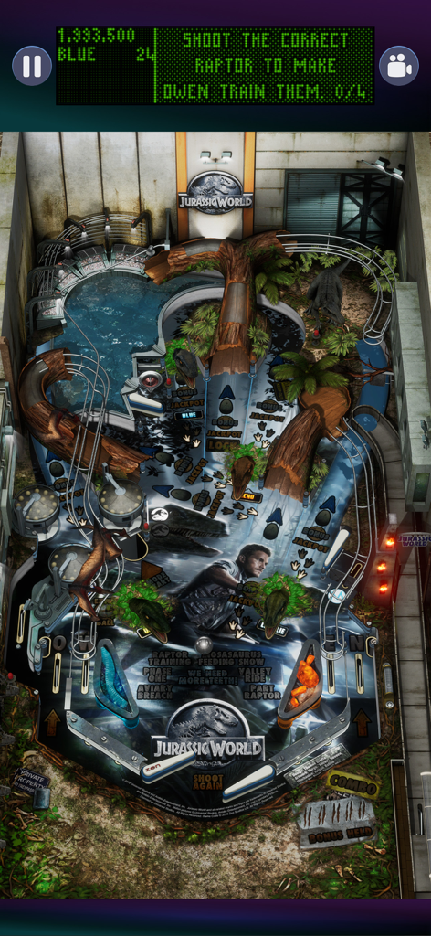 Zen Pinball World - Jurassic World themed pinball table gameplay featuring dinosaurs and characters from the movie