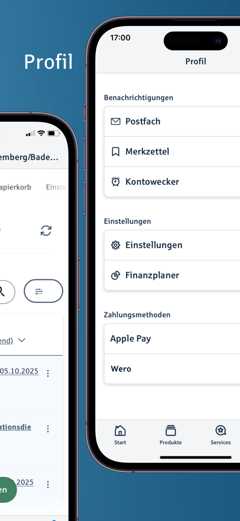 A tela de perfil e configurações do aplicativo BW-Bank exibindo notificações, planejamento financeiro e opções de método de pagamento.