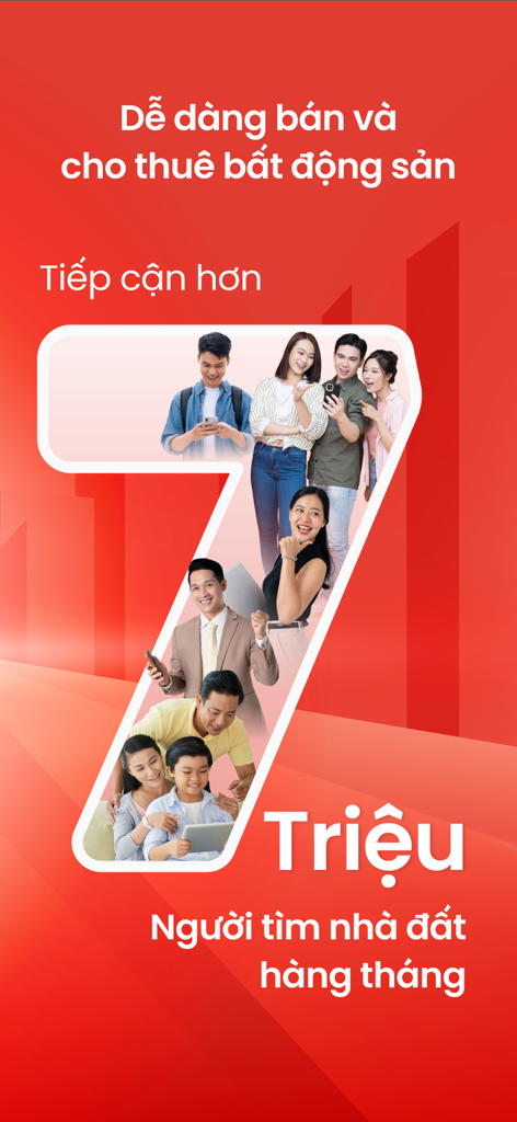 Promotional graphic for the Batdongsan real estate app showing it reaches over 7 million monthly property seekers