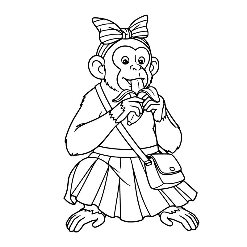 a monkey eating a banana wearing a crossbody purse. wearing a hair bow and a skirt.