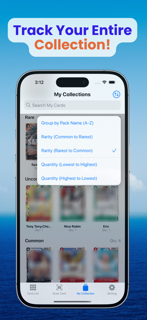 BountyScan: OP Card Collector - BountyScan app interface showing a One Piece TCG collection sorted by rarity with a menu of organization options.