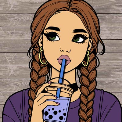 realistic girl with braided hair drinking boba