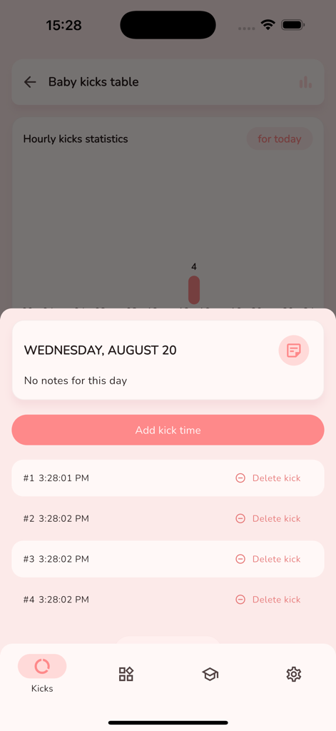 Mama Tracker app screen showing baby kick statistics and hourly kick log