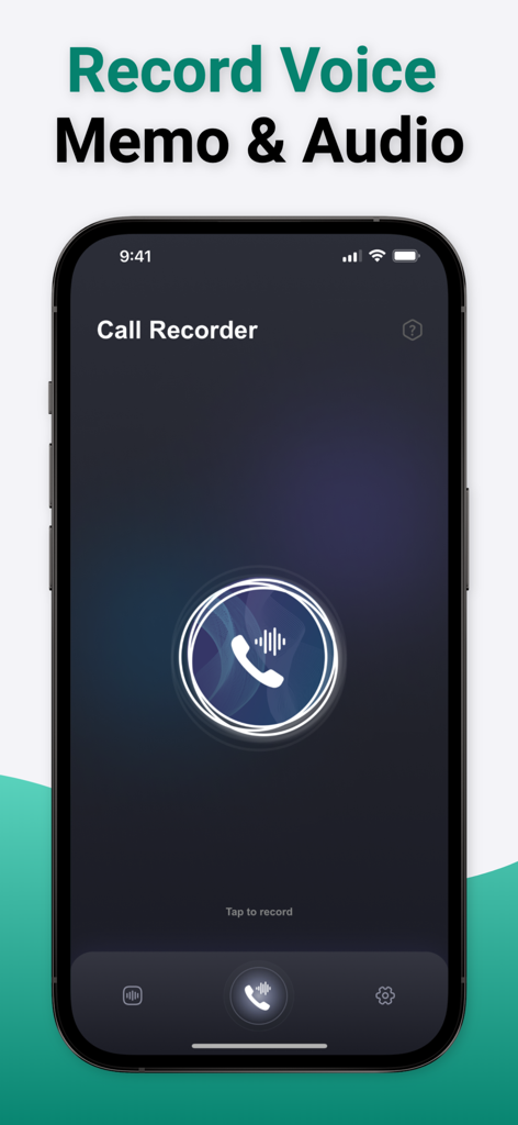 Phone Call Recorder ° TapeCall - Benutzeroberfläche der Phone Call Recorder TapeCall-App, die den Sprachnotiz- und Audioaufnahmebildschirm mit einer zentralen Aufnahmetaste zeigt