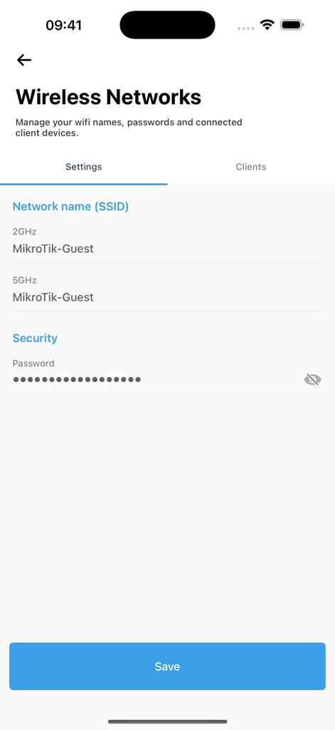 MikroTik app interface showing wireless network SSID and security password settings