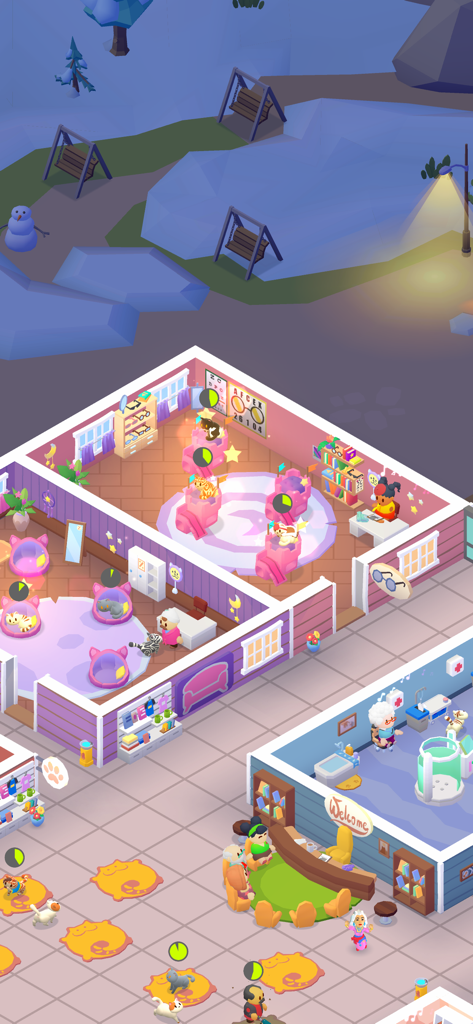 Colorful isometric view of multiple rooms in a cat rescue shelter including a reception and play area