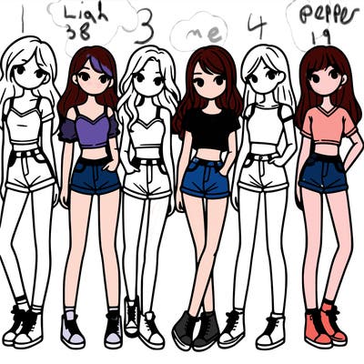 a group of girls wearing crop tops and shorts