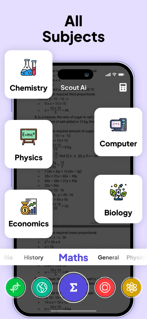 Scout AI app interface displaying subject categories for homework assistance including Chemistry Physics and Biology