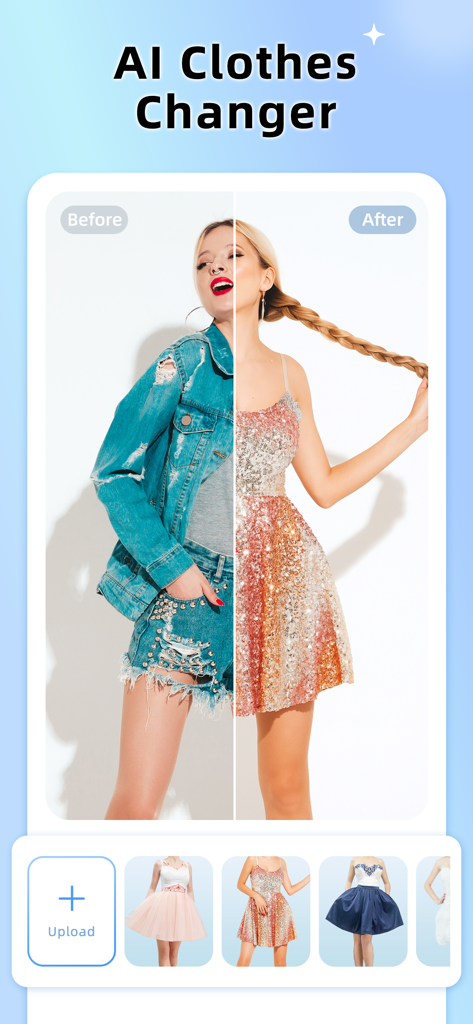 AI Photo Editor - Picsman - Una comparación de antes y después que muestra la función de cambio de ropa IA transformando el atuendo vaquero de una mujer en un vestido de lentejuelas.