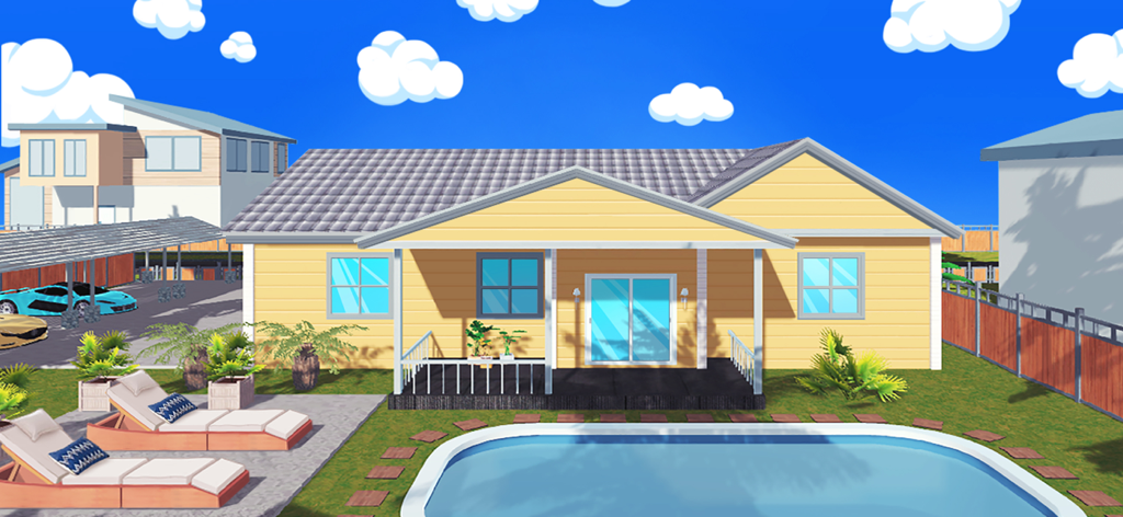 A yellow house with a backyard swimming pool and lounge area in the House Craft game