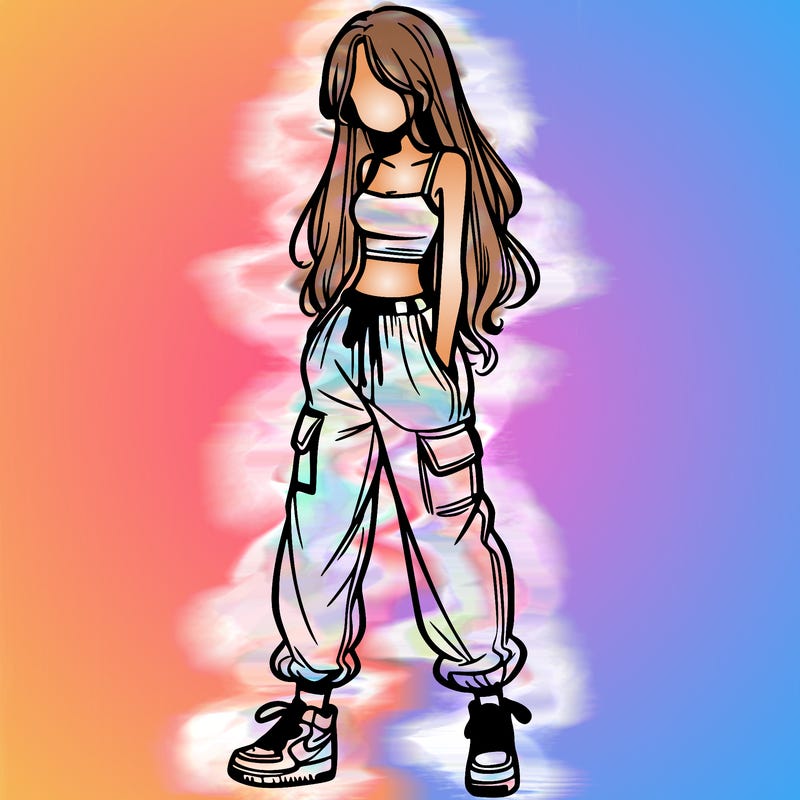 girl in baggy pants crop top and long hair
