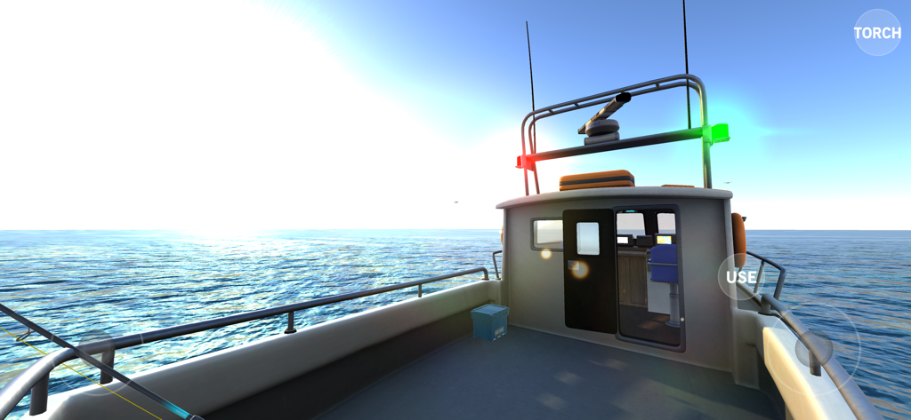 Sea Fishing Simulator - First-person view from the deck of a fishing boat on the open sea