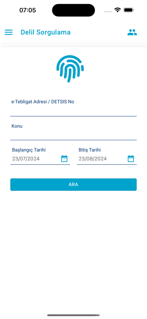 UETS - A tela de consulta de evidências do aplicativo móvel UETS mostrando campos de pesquisa para endereço de notificação e datas.