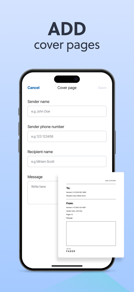 Interface for adding a professional fax cover page on an iPhone