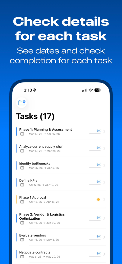 MPP Viewer - Task list view in the MPP Viewer app showing project dates and completion status on an iPhone
