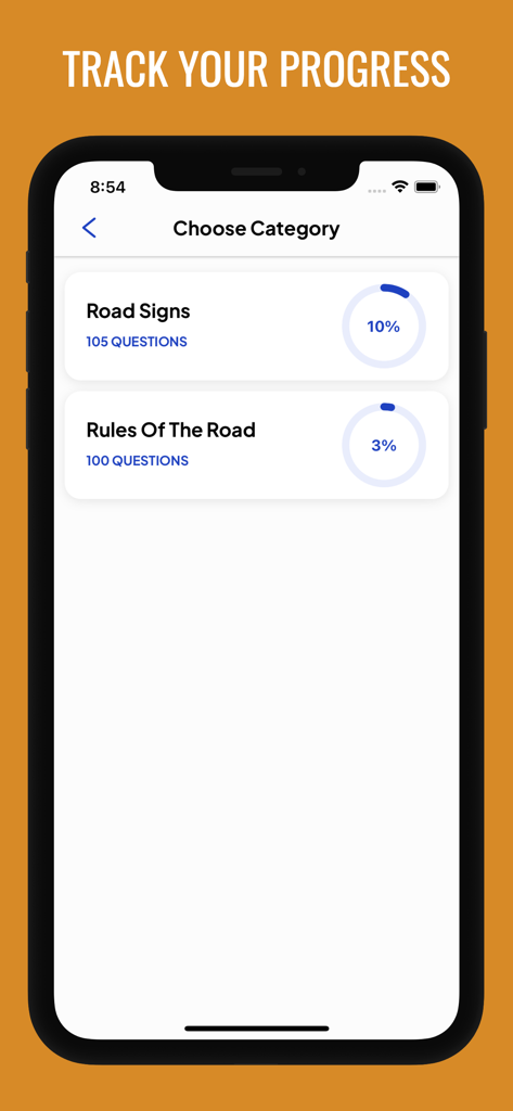 G1 Practice Test Ontario 2025 - Interface of the G1 Practice Test app showing study progress for Road Signs and Rules Of The Road categories