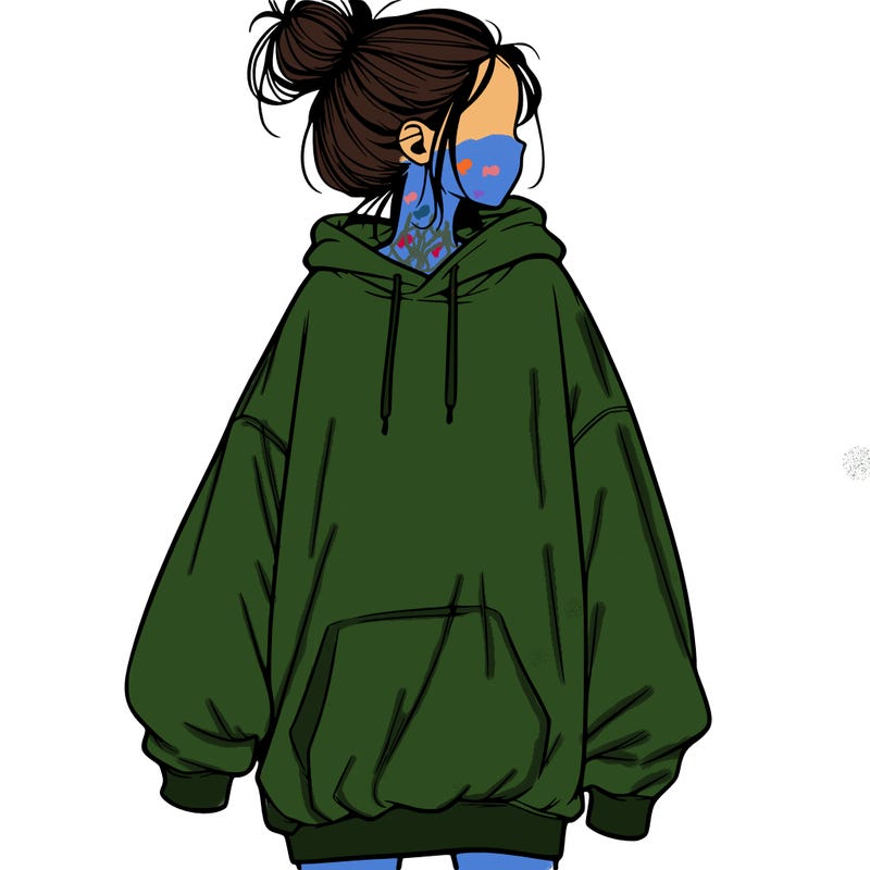 realistic girl with a oversized sweatshirt on and a bun