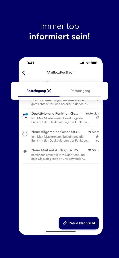 PayLife app mailbox screen showing a list of received messages in the inbox
