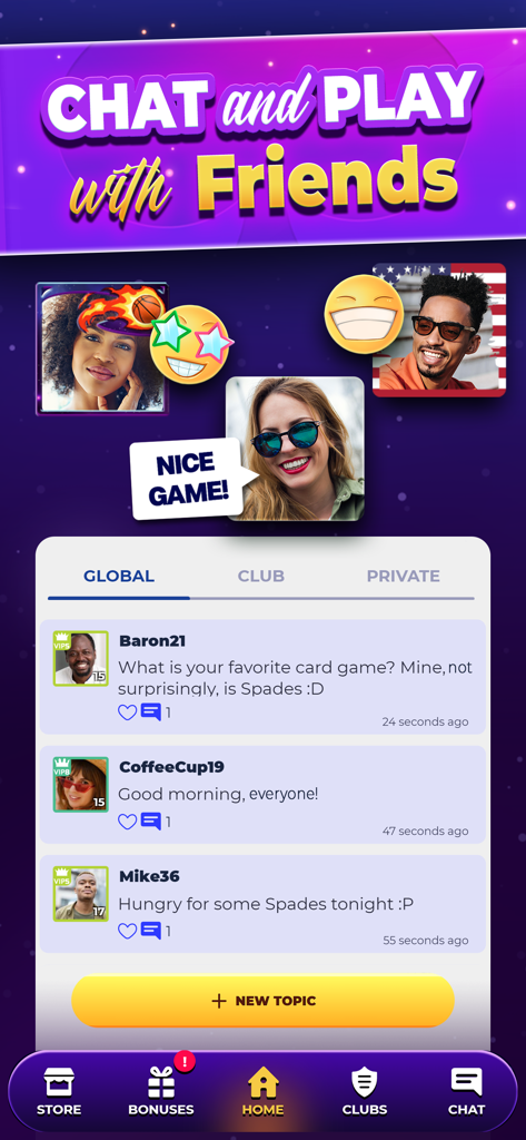Tela de chat global e interação de perfil de usuário no aplicativo móvel VIP Spades