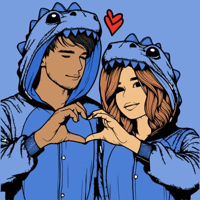 realistic couple wearing matching dinosaur onesies with heart hand gesture