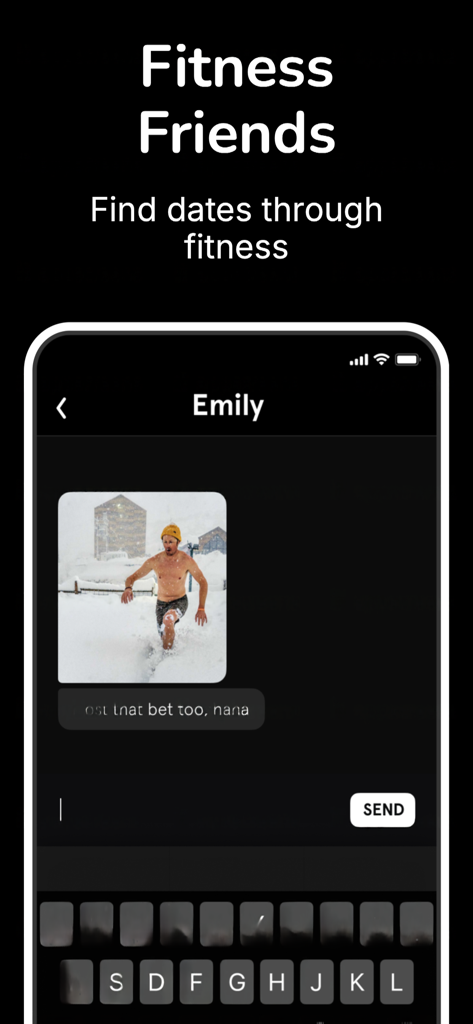 ateam - Interface de chat do aplicativo ateam mostrando uma tela de mensagens com um entusiasta de fitness e o título encontre namoros através do fitness