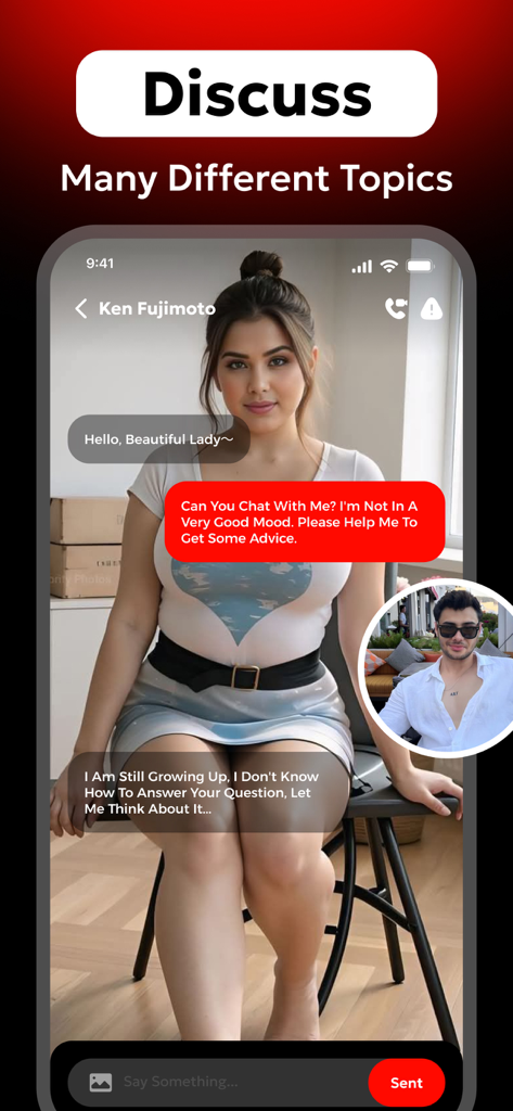 A chat interface in the Aibik app showing a conversation with an AI character about personal topics.