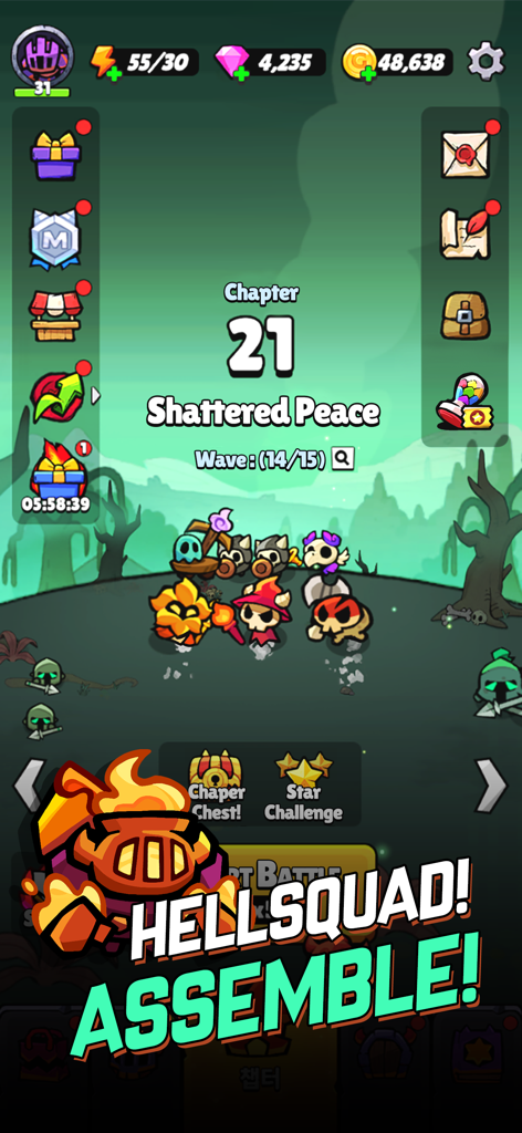 Hellsquad Rrrush gameplay screen showing cute demon characters in Chapter 21 Shattered Peace with the text Hellsquad Assemble