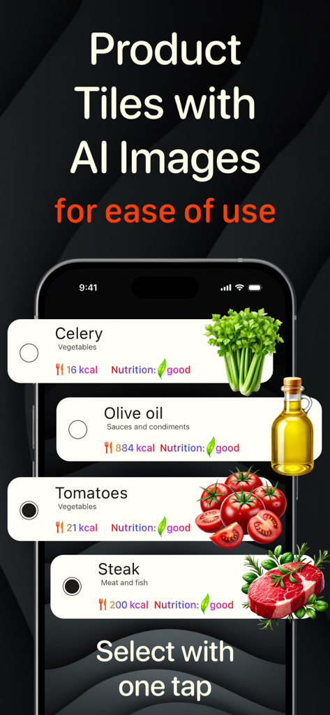 Schermata del telefono che mostra una lista della spesa con immagini di prodotti AI e dati nutrizionali per articoli come sedano e bistecca