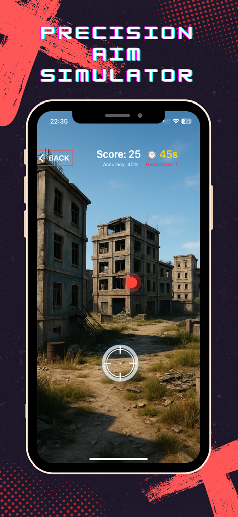 FF Aim Master – Reflex Trainer - Captura de pantalla de la aplicación móvil que muestra un simulador de puntería de precisión con estadísticas de juego y un entorno de entrenamiento urbano